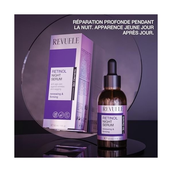 REVUELE Retinol Night Sérum Anti-âge Intensif Avec Rétinol et Acide Hyaluronique - Sérum de Nuit au Rétinol, Régénérant, Amél
