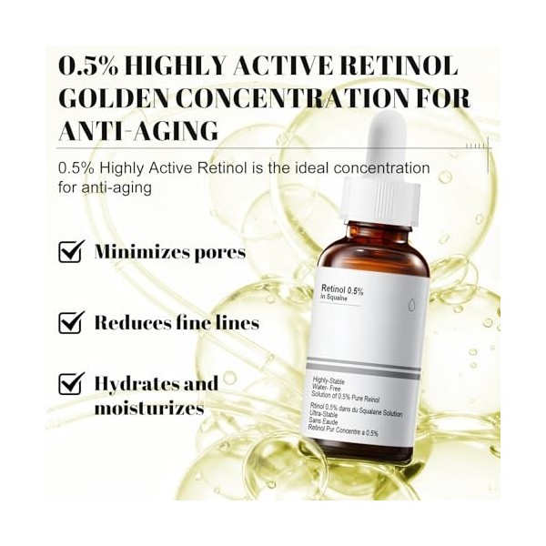 Retinol 0.5%, Retinol Serum Visage, Serum retinol, serum Anti Age, Atténue les Ridules et Raffermit la Peau, Convient À Tous