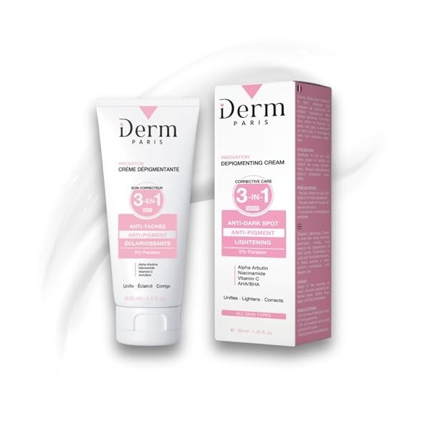 iDerm Paris - Crème Dépigmentante 3-en-1 Nuit - Anti-Taches, Anti-Pigment, Anti-Acné - Alpha Arbutine, Niacinamide, Vitamine 