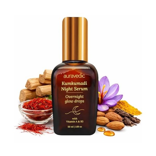 Auravedic Kumkumadi Tailam Night Serum, 50 ml, pour une peau éclatante, sérum à lhuile de Kumkumadi