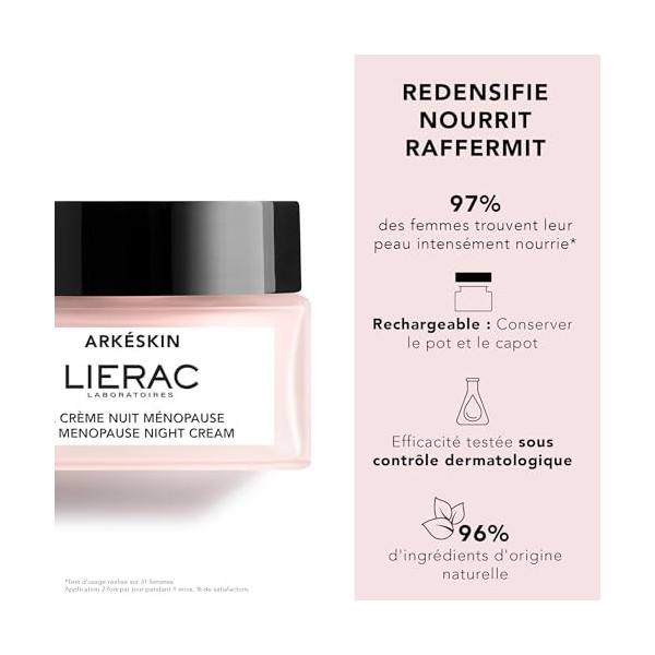 Lierac - Arkéskin - La Crème Nuit Ménopause 50ml - Soin Visage - Réequilibre - Nourrit - Raffermit - 97% d’ingrédients d’orig