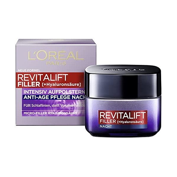 LOréal Paris Crème de nuit à lacide hyaluronique anti-âge avec micro-Filler acide hyaluronique pour hydrater et effet anti- C...