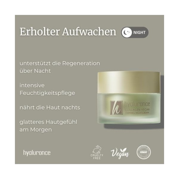 hyaluronce Crème de nuit au collagène végétalien - Crème de nuit régénérante pour visage et cou - Hydrate intensément et peau