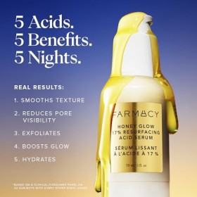 Farmacy Honey Glow - Sérum de nuit resurfaçant 17% AHA & BHA - Sérum visage à l’acide hyaluronique - Réduit l’apparence des r