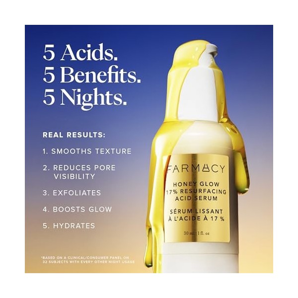 Farmacy Honey Glow - Sérum de nuit resurfaçant 17% AHA & BHA - Sérum visage à l’acide hyaluronique - Réduit l’apparence des r