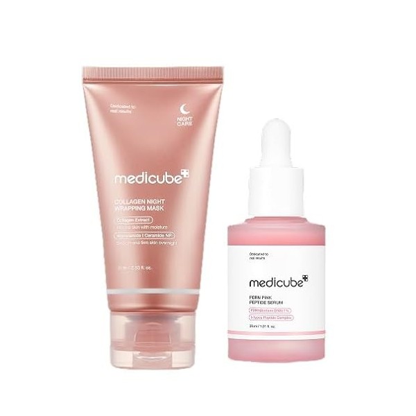 medicube Duo Nuit Double Glow: Masque de Nuit Wrapping au Collagène 75ml et Sérum Rose au PDRN ADN de Saumon 30ml | Routine