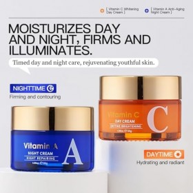 Crème Visage Matin Vitamine C Et Soir Rétinol, Hydratation Intensive Et Raffermissement Pour Peau Délicate, Anti-Rides Et Lis