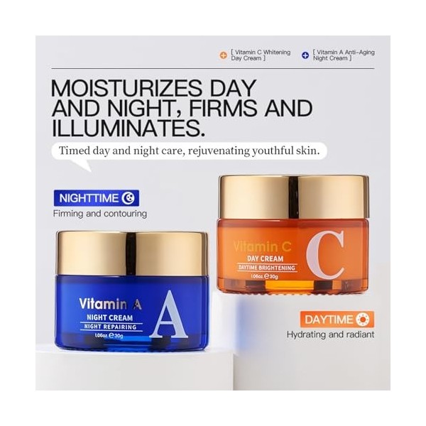 Crème Visage Matin Vitamine C Et Soir Rétinol, Hydratation Intensive Et Raffermissement Pour Peau Délicate, Anti-Rides Et Lis