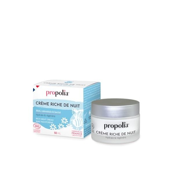 PROPOLIA - Bio - Crème riche de nuit - Peaux sèches et déshydratées – Miel, calendula & karité – Cosmos Organic – Texture onc