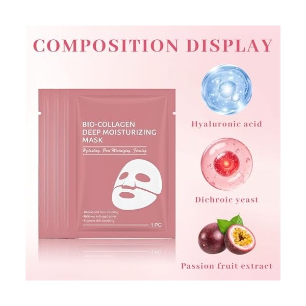 4 Stück Bio-Kollagen Maske Overnight – Anti-Falten Tuchmaske pour la nuit, hydratation profonde, affinant les pores & favoris