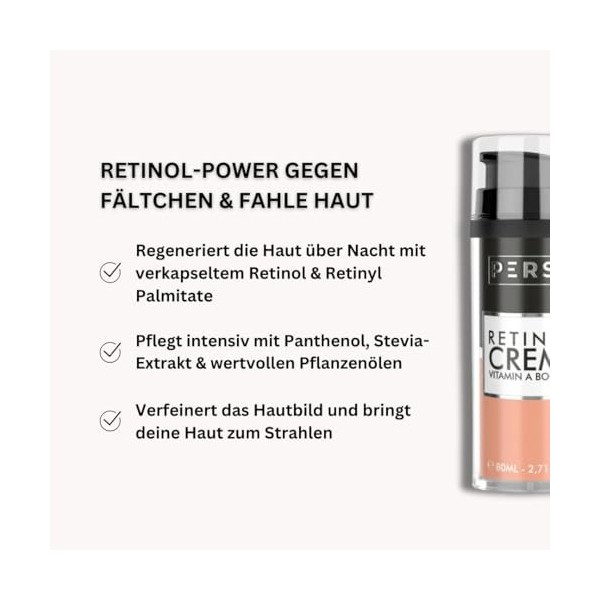 PERSH Clean Beauty Crème au rétinol 80 ml – 4% de vitamine A – Formule anti-âge très efficace | Lisse la peau et favorise le 