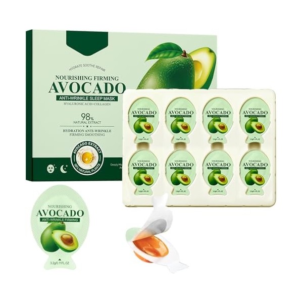 Masque à LAvocat, Lot De 8 Masques Hydratants à LAvocat, Masque De Nuit Nourrissant Anti-Rides Raffermissant Avocat, Masque