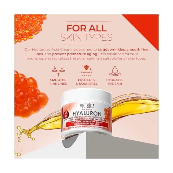 Victoria Beauty - Crème Visage Jour et Nuit - Anti-Rides à base de Hyaluron, Caviar et Rainsin Rouge - Age 50 à 65+ - 50ml