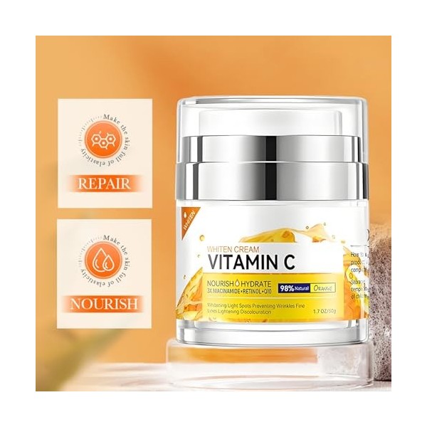 Crème Visclaircissante À La Vitamine C Crème De Jour Anti-Taches Pour Un Teint Éclatant, Uniformise Le Teint, Atténue Les Tac