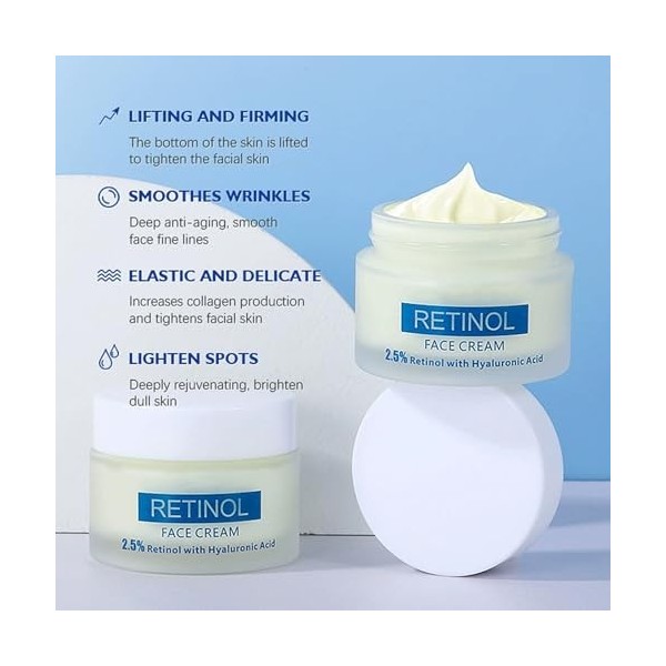 Crème Visage Acide Hyaluronique et Rétinol, Hydratation Intense, Action Anti-Âge, Lissant Les Rides, Éclat Immédiat, Texture 
