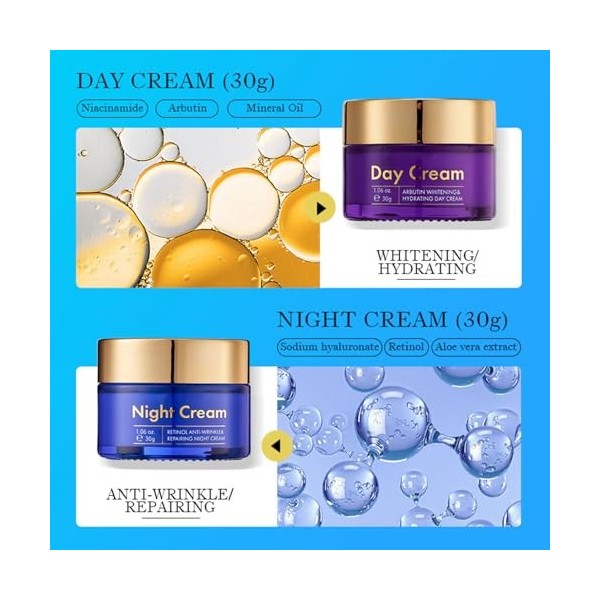 Set De Crème Essence Jour Et Nuit, Crème De Jour Pour Éclaircissement Et Hydratation Profonde, Crème De Nuit Anti-Rides Et Ré