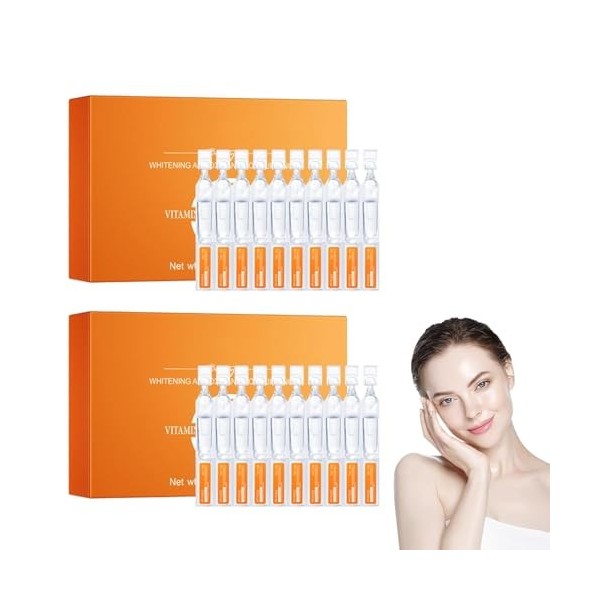 Sérums Vitamine C Éclat Blanc, Lot de 2 Boîtes Avec 60 Ampoules, Soin Visage Éclatant et Uniforme, Atténue Les Taches Sombres