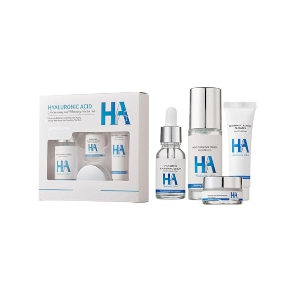 Kit Visage à lAcide Hyaluronique - 4 Pièces, Hydratation Profonde, Réduit les Lignes Fines et les Rides, Améliore lÉlastici