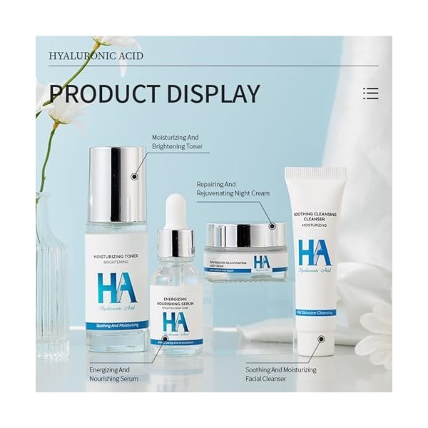 Kit Visage à lAcide Hyaluronique - 4 Pièces, Hydratation Profonde, Réduit les Lignes Fines et les Rides, Améliore lÉlastici