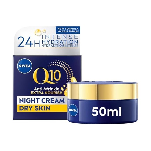 NIVEA Q10 Soin de nuit anti-rides pour peaux sèches avec coenzyme Q10 et huile dargan bio, soin du visage hydratant anti-rid