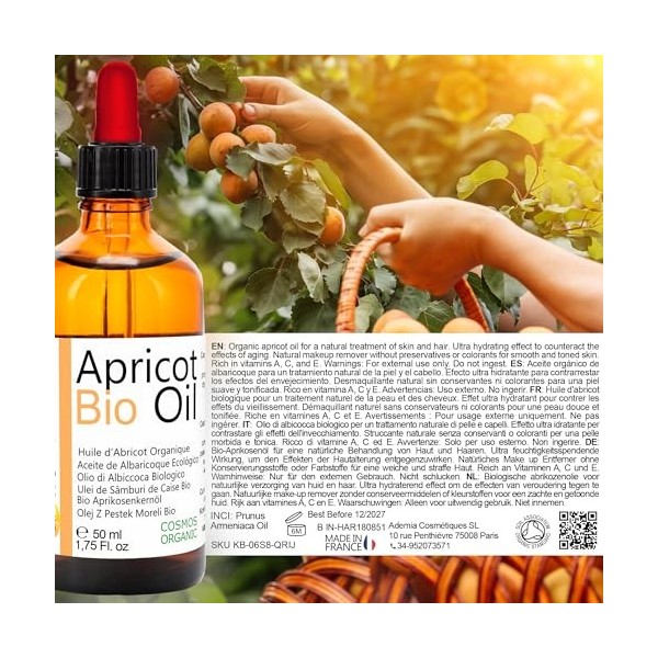 Oïléna BIO Huile dAbricot 100% Pure et Naturelle Pressée à Froid: Huile Hydratante Après-Soleil, Conditionneur pour Cheveux,