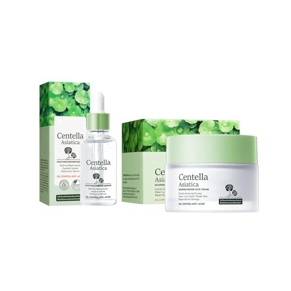 Sérum Réparateur & Crème Hydratante à lExtrait de Centella Asiatica, Apaisement Intense pour Peaux Sensibles, Renforce la Ba