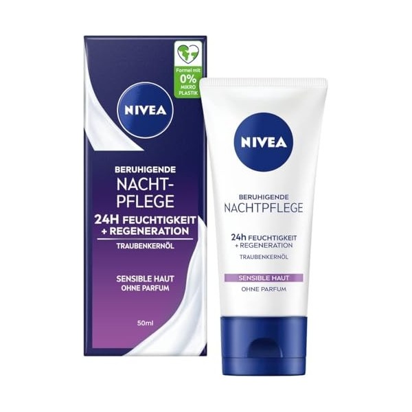 NIVEA Soin de nuit apaisant 24 h hydratant + régénération, crème pour le visage sans parfum pour peaux sensibles, crème de nu
