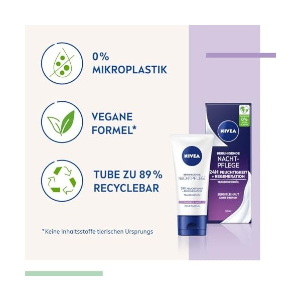 NIVEA Soin de nuit apaisant 24 h hydratant + régénération, crème pour le visage sans parfum pour peaux sensibles, crème de nu