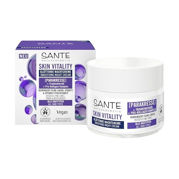 SANTE Naturkosmetik Skin Vitality Crème de nuit lissante - 50 ml - Avec cresson parac, huile de pépins de raisin et complexe