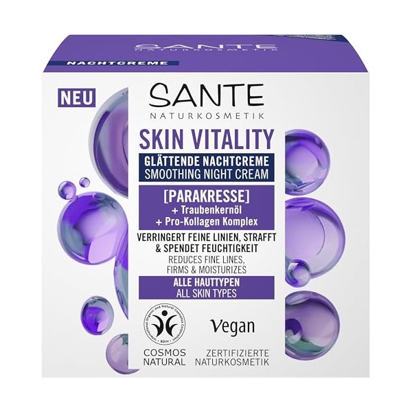 SANTE Naturkosmetik Skin Vitality Crème de nuit lissante - 50 ml - Avec cresson parac, huile de pépins de raisin et complexe