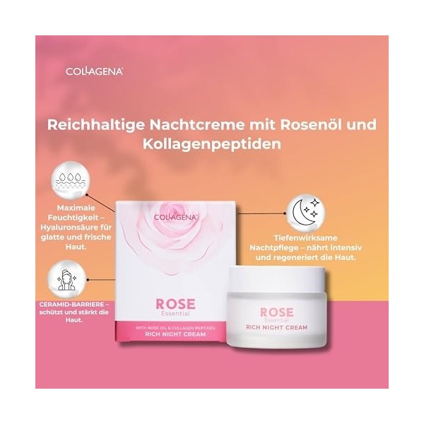 COLLAGENA Rose Essential Crème de Nuit à la Rose & Collagène - Crème Visage Nuit pour Soin de Nuit Intense - Crème Anti-rides