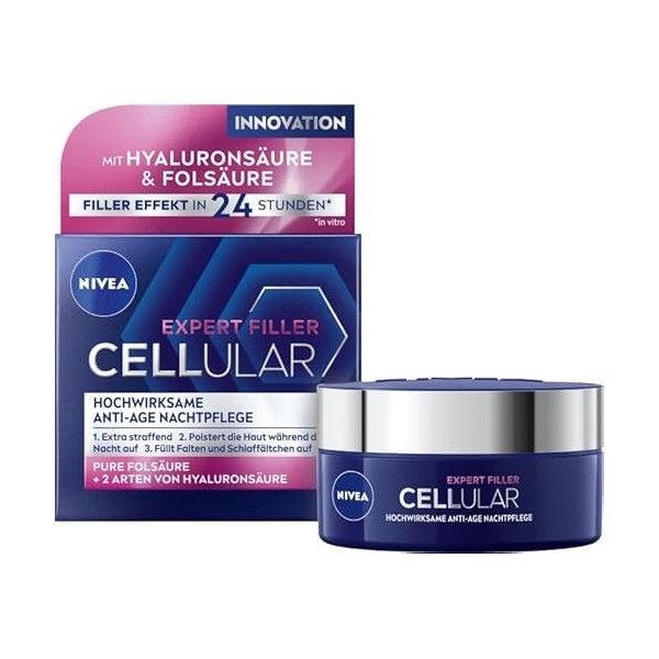 NIVEA Cellular Expert Filler Crème de nuit anti-âge très efficace 50 ml , crème de nuit extra raffermissante avec effet repu