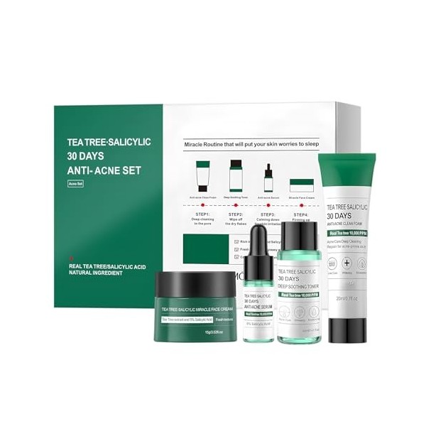 Kit de Soin Anti-Imperfections à lHuile dArbre à Thé et Acide Salicylique, Nettoyant Visage et Crème Hydratante, Réduit la 