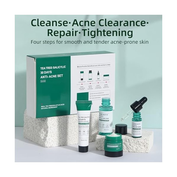 Kit de Soin Anti-Imperfections à lHuile dArbre à Thé et Acide Salicylique, Nettoyant Visage et Crème Hydratante, Réduit la 