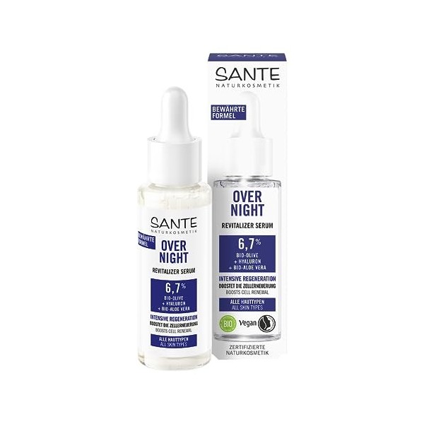 SANTE Naturkosmetik Sérum à lolive bio, à lacide hyaluronique et à laloe vera bio pour une peau revitalisée intensément et