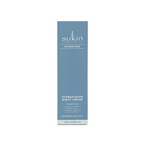 Sukin Hydration Hydrafusion Crème de nuit pour peaux déshydratées, hydrate aux algues marines, acide hyaluronique, complexe d