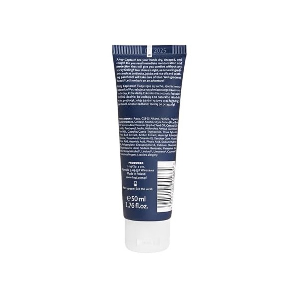 Hagi Ahoy Captain Crème pour les mains prébiotique 50 ml Hydratante et protectrice pour homme avec panthénol, glycérine, inul