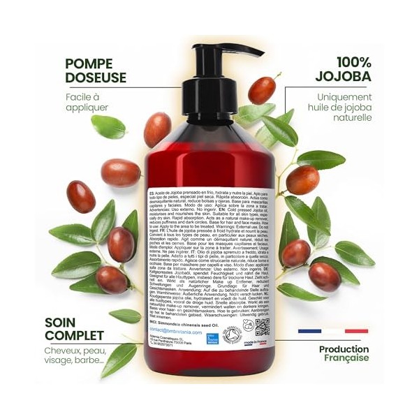 Huile de Jojoba Bio, Pure et 100% Naturelle, Huile Visage, Hydratante Cheveux et Barbe, Anti Âge, Huile Démaquillante Visage,...