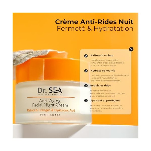 DR. SEA - Crème Visage Anti-Âge Nuit - Rétinol, Collagène & Acide Hyaluronique - Régénération & Fermeté - 50ml