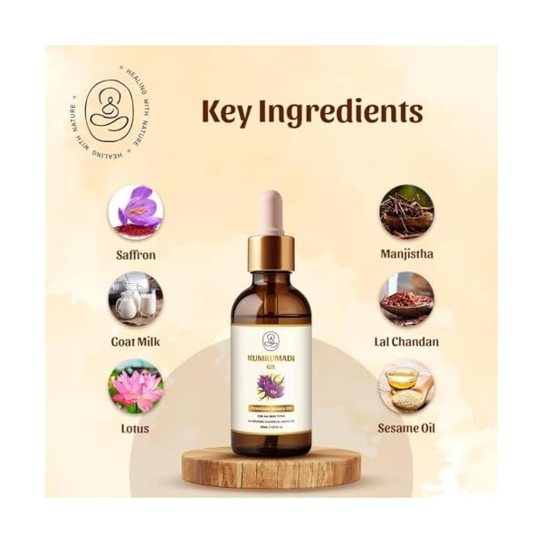 Neel Ayurvedics Huile de Soin Kumkumadi – 30 ml. Huile visage hydratante adaptée à tous les types de peau, formulée avec du s