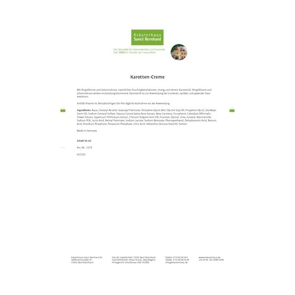 Sanct Bernhard Crème aux carottes avec calendula, millepertuis, miel, huile de carotte et vitamines 2 x 50 ml