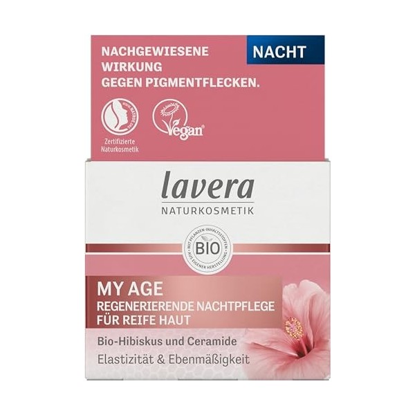 lavera MY AGE Crème de nuit contre les taches pigmentaires Pour peaux matures Apporte tonicité et élasticité Végétalien Cosmé