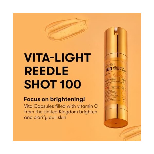 VT COSMETICS Vita Reedle Shot 100 Sérum Visage Microneedling aux Vitamines C & E, Capsules Éclaircissantes, Teint Lumineux, H