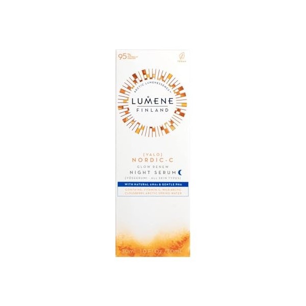 LUMENE Nordic-C [VALO] Sérum de nuit Glow Renew | Exfolie et hydrate la peau pendant la nuit | Contient des AHA naturels et d