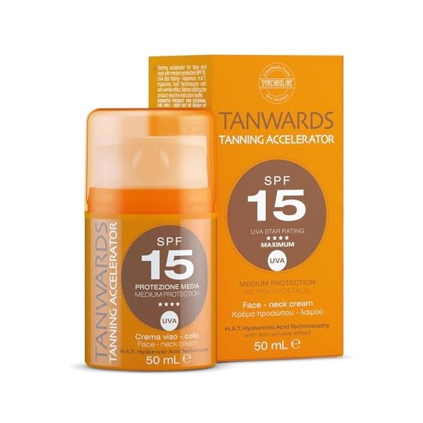Synchroline – Tanwards Crème Visage Accélérateur de Bronzage 50 Ml SPF 15 Avec Tyrosine, Érythrulose, Acide Hyaluronique et M