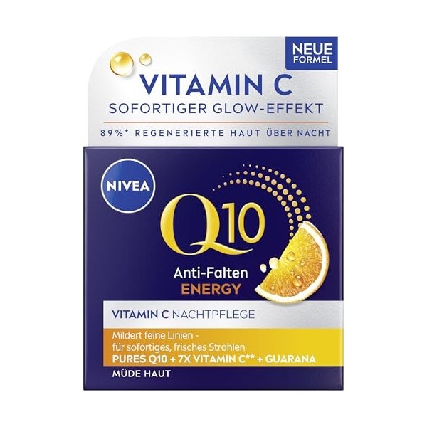 NIVEA Q10 ENERGY Crème de nuit hydratante anti-rides à la vitamine C avec Q10, vitamine C et extrait de guarana, soin rafferm