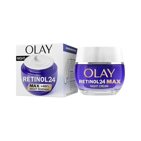 Olay Retinol 24 MAX Crème de nuit hydratante anti-âge pour femme avec vitamine E antioxydante et 40% de glycérine, lisse, ren