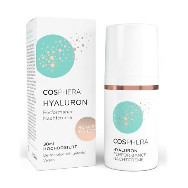Cosphera Crème de nuit à lacide hyaluronique 100 % végétalien - Soin de nuit pour rides, poches et cernes - 30 ml - Crème po