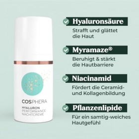 Cosphera Crème de nuit à lacide hyaluronique 100 % végétalien - Soin de nuit pour rides, poches et cernes - 30 ml - Crème po
