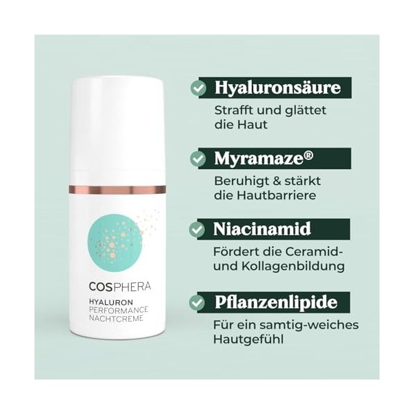 Cosphera Crème de nuit à lacide hyaluronique 100 % végétalien - Soin de nuit pour rides, poches et cernes - 30 ml - Crème po